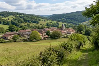 Vue panoramique de Trades dans le Beaujolais Vert, avec un petit village rural entouré de prairies, de bois et de collines.